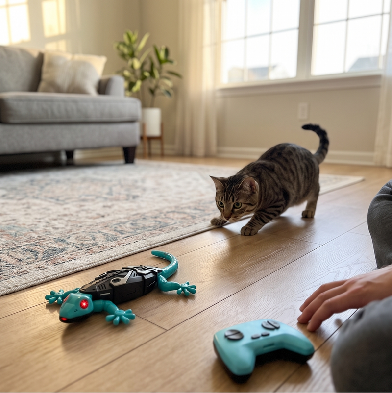 Hand on the remote while the cat stalks GeckoZoom